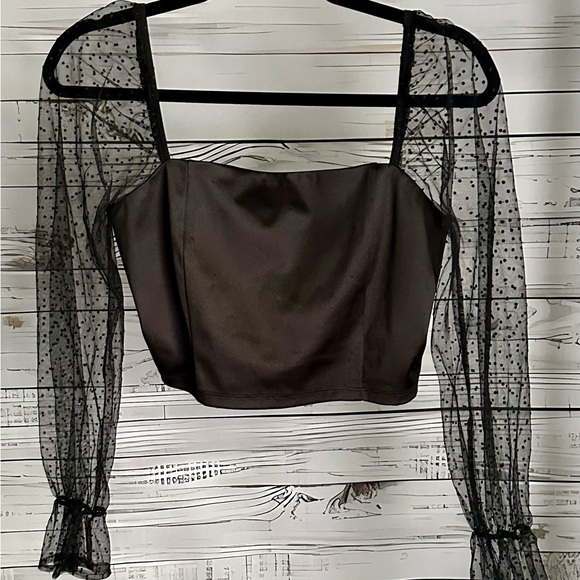Peach Puff Tops - Black Sheer Sleeve Polka Dot Crop Top by Peach Puff Size L